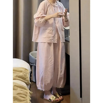 MQTIME  -  Girls Sweet Lace Long-sleeved Pajamas Women's Spring and Autumn Models New Comfortable Cotton Yarn Loungewear Large Size Set